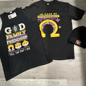 Premier Designs medium Black Tee with gold  and Purple Omega Graphic